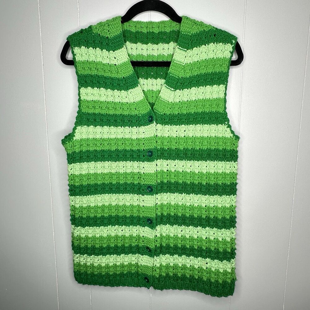 Homemade Sweater Vest Hand Knit  M/L Green Chunky Knit Buttons V-Neckline Stripe